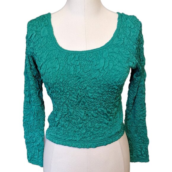 Vintage Y2K Green Teal Bubble Top Long Sleeve Crinkle Stretchy Scoop Neck Sz M - Picture 1 of 7